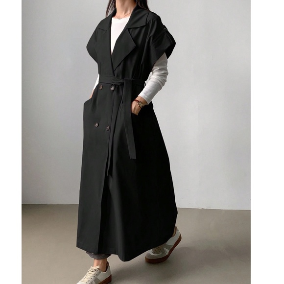 Classic Solid Double Button Pockets Cuff Short Sleeve Trench Coat - Picture 1 of 10